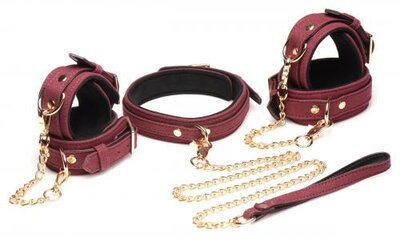 6-delige BDSM Suede Boeienset Met Collar En Riem - Bordeaux